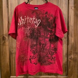 White Tag Graphic T Shirt Mens XL Red Excellent Heraldic Crest Gothic Tee